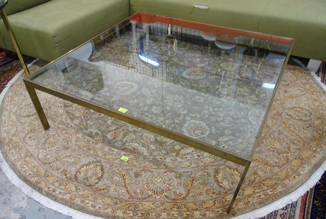 MILO BAUGHMAN (ATTR.) BRASS AND GLASS COFFEE TABLE: 48" SQUARE, 15"H