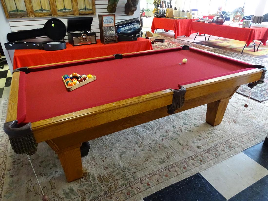 OLHAUSEN SLATE POOL TABLE: 8' TABLE. IN EXCELLENT CONDITION. INCLUDES CUES AND BALLS.