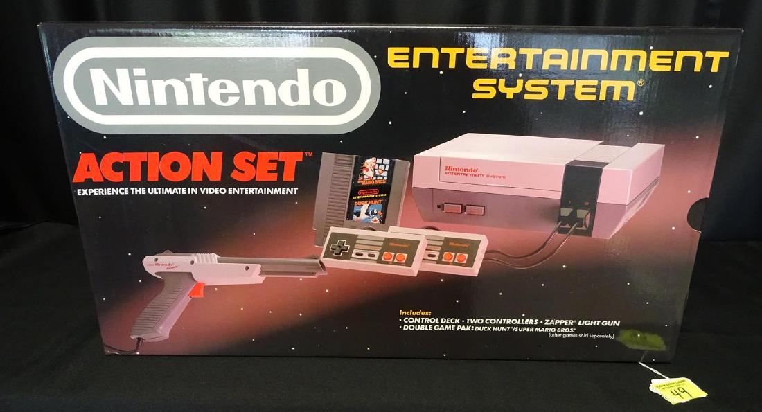 NEW UNOPENED NINTENDO ENTERTAINMENT SYSTEM: NEW OLD STOCK, 1988. OUTER CARTON IN PRISTINE CONDITION. ALL INTERNAL COMPENENTS ARE STILL IN SEALED PACKAGE. ACTION SET INCLUDES GUN, TWO CONTROLLERS, SUPER MARIO BROS. AND DUCK HUNT GAMES
