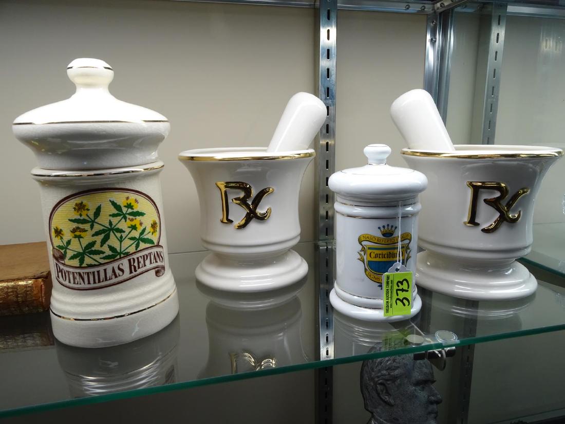 4 APOTHECARY ITEMS: JARS AND MORTAR & PESTLE