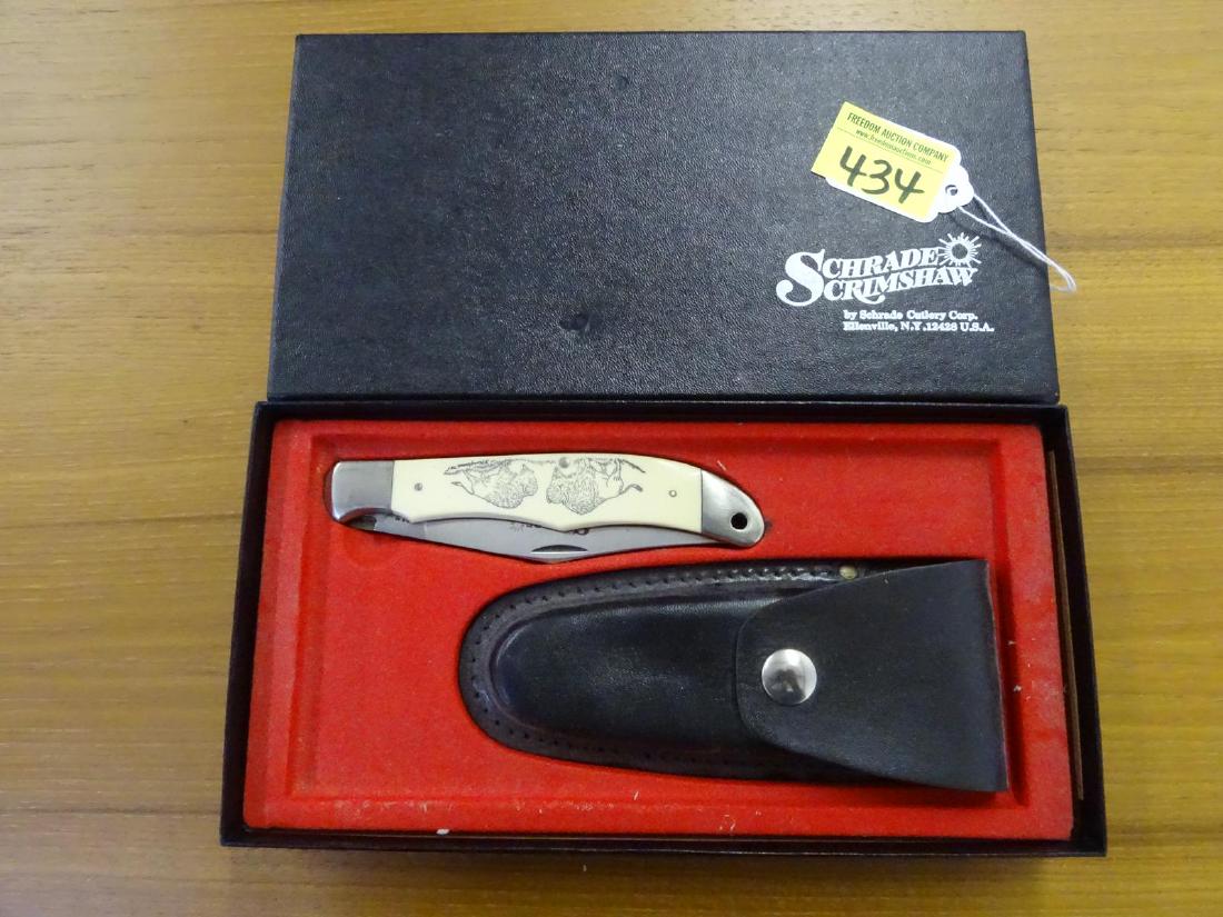 SCHRADE SCRIMSHAW FOLDING KNIFE: WITH ORIGINAL OUTER BOX AND LEATHER CASE