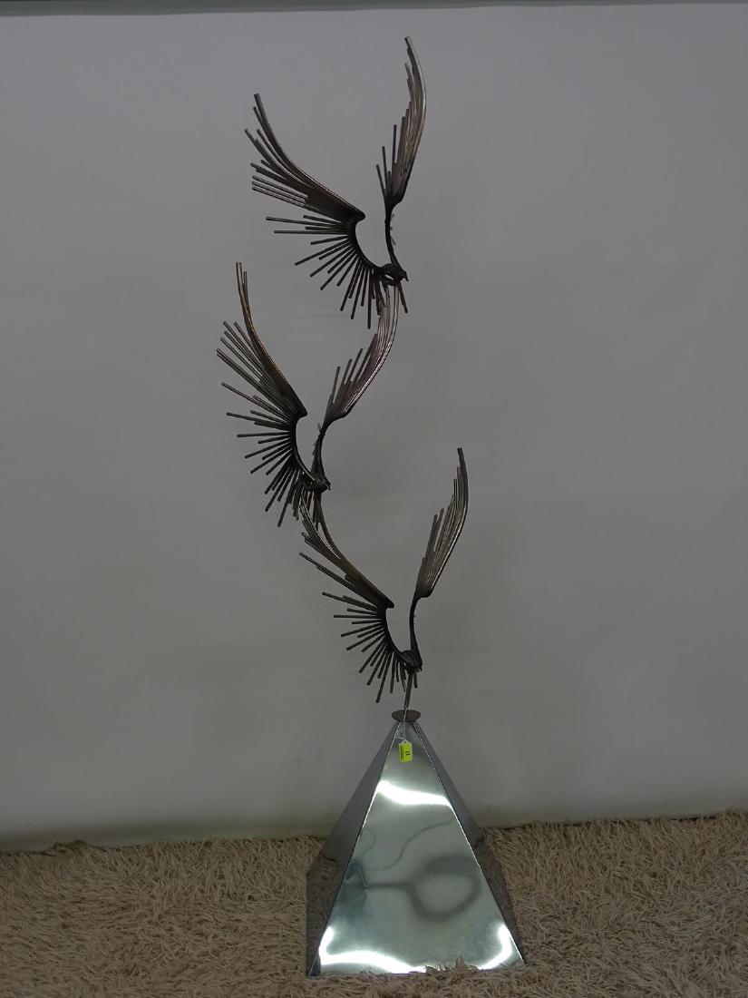 RARE - CURTIS JERE "EAGLES IN FLIGHT" SCULPTURE: ON CHROME PYRAMID BASE, SIGNED. HEIGHT IS 75"