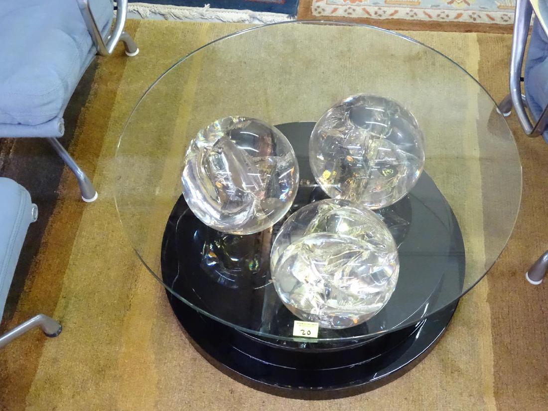 3-SPHERES COCKTAIL TABLE, MANNER OF PIERRE GIRAUDON: TRIO OF FRACTAL RESIN SPHERES ON BASE, BUYER'S CHOICE WITH 29" TOP (COCKTAIL) OR 48" TOP (COFFEE)
