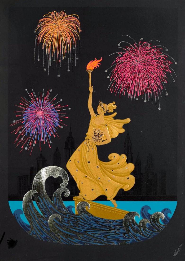 ERTE "STATUE OF LIBERTY AT NIGHT" SERIGRAPH ON PAPER: 1986, SIGNED LOWER RIGHT, ARTIST PROOF, 40/75. 32"X41" OVERALL