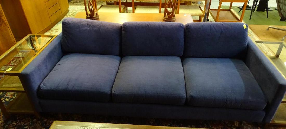 MILO BAUGHMAN (ATTR.) SOFA: BLUE MICRO-SUEDE, CHROME LEGS. GOOD VINTAGE CONDITION. LENGTH IS 84"