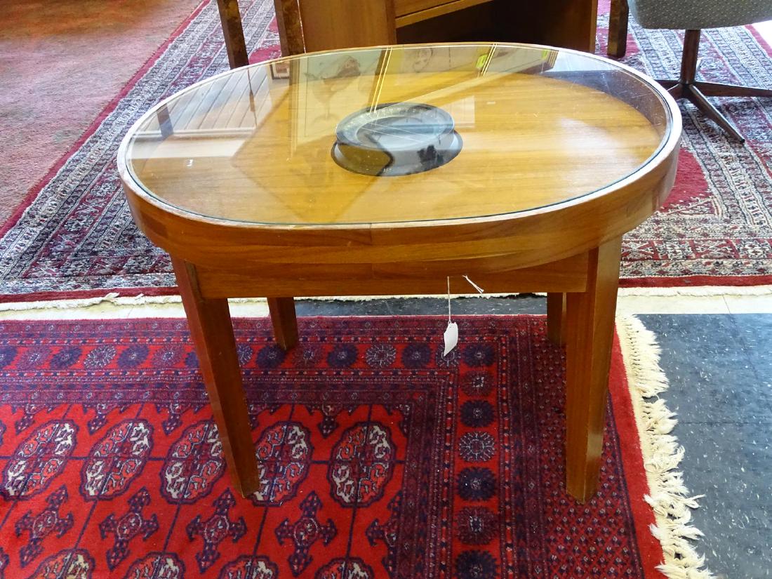 TEAK SIDE TABLE WITH WWII BOMBER COMPASS INSERT: AIRCRAFT COMPASS IS U.S. ARMY, TYPE D-12, VICTOR ADDING MACHINE CO., SERIAL AF-43-V-498
