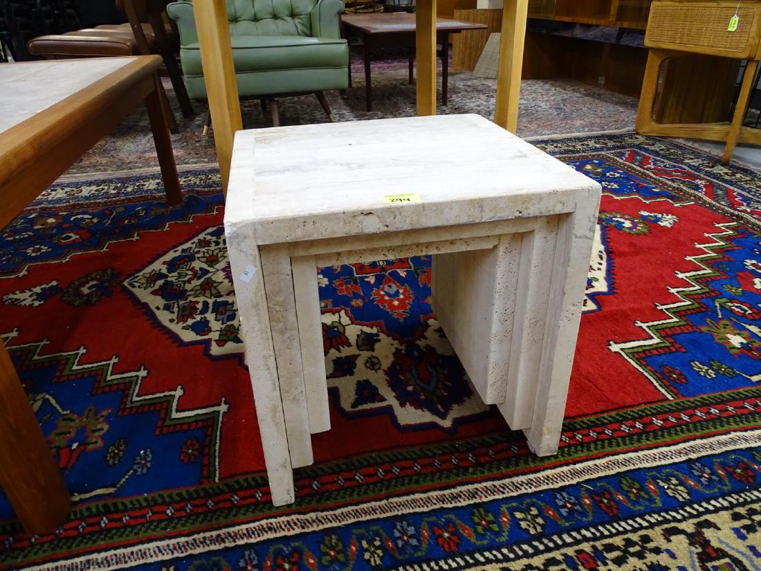 TRAVERTINE SIDE TABLE: LIGHT CORNER CHIP. 16"X16"X16"