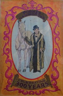 POODLES HANNEFORD ATTRACTION BANNER: TWO SIDED, HAND-PAINTED CANVAS BANNTER, ATR. JIM HAND. "POODLES HANNEFORD - CELEBRATING 300 YEARS" . ROYAL HANNEFORD CIRCUS. 15'6"X10'6"