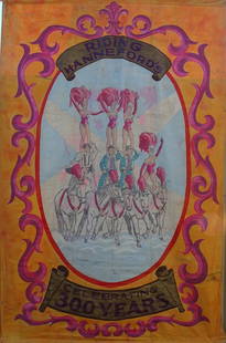 RIDING HANNEFORD ATTRACTION BANNER: TWO SIDED, HAND-PAINTED CANVAS BANNER, ATTR. JIM HAND. "RIDING HANNEFORDS - CELEBRATING 300 YEARS". ROYAL HANNEFORD CIRCUS. 15'9"X10'7"