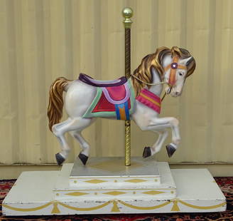 CAROUSEL HORSE BY DENNIS CLIFTON: BEAUTIFUL HAND-BUILT AND PAINTED CAROUSEL HORSE ON ROLLING PEDESTAL. 72"L, 34"W, 67"H