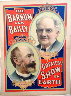 BARNUM & BAILEY - GREATEST SHOW ON EARTH POSTER: C.1909, FULL SHEET BY STROBRIDGE LITHO COMPANY. MOUNTED ON BOARD.