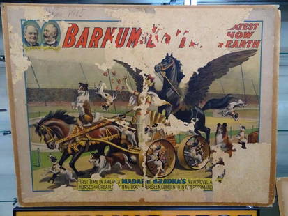 BARNUM & BAILEY CIRCUS - MADAME BRADNA POSTER: C. 1915, FULL SHEET BY STROBRIDGE LITHO COMPANY. MOUNTED ON BOARD. SIGNIFICANT TRANSFER LOSS. GREAT DONOR OR CANDIDATE FOR RESTORATION.