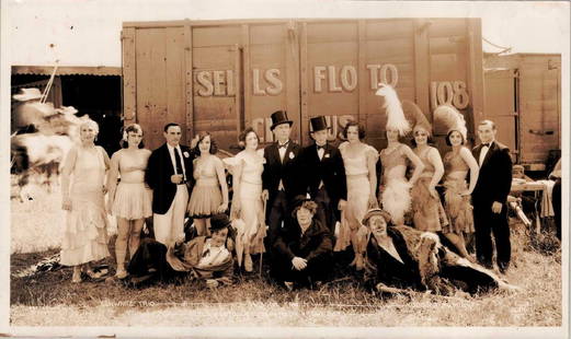 EDWARD J. KELTY (AMERICAN, 1888-1967) PHOTOGRAPH: LARGE FORMAT, ORIGINAL KELTY PHOTOGRAPH DEPICTING SELLS FLOTO CIRCUS COMEDY RIDING ACTS INCLUDING SCHWARZ TRIO, HOBSON, HODGINI FAMILY. PATTERSON, N.J., 1931. DOUBLE RUBBER INK STAMP ON VERSO. 