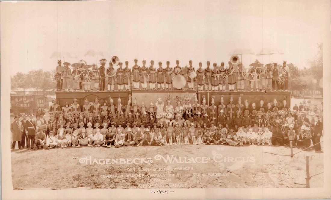 EDWARD J. KELTY (AMERICAN, 1888-1967) PHOTOGRAPH: LARGE FORMAT, ORIGINAL KELTY PHOTOGRAPH DEPICTING HAGENBECK WALLACE CIRCUS, 1927. "DAN ODOM, GENERAL MANAGER. EQUISTRIAN DIRECTOR, CHARLES BARRY AND REX DE ROSELLI, PRODUCERS OF GEISHA SPECTABLE." DOU