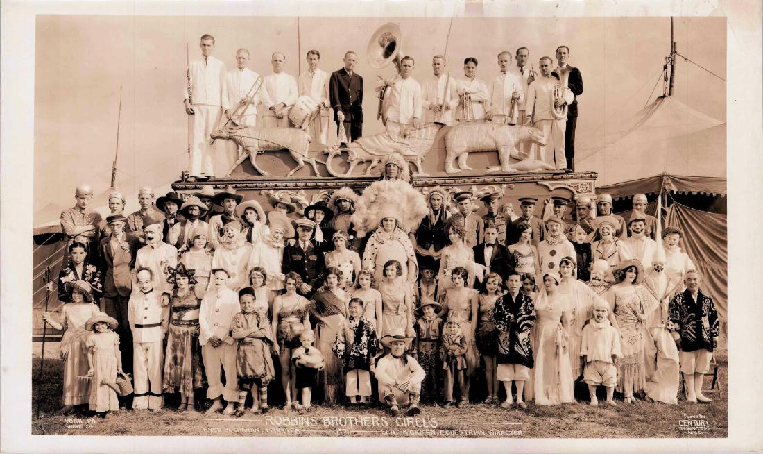 EDWARD J. KELTY (AMERICAN, 1888-1967) PHOTOGRAPH: LARGE FORMAT, ORIGINAL KELTY PHOTOGRAPH DEPICTING ROBBINS BROTHERS CIRCUS, YORK, PENNSYLVANIA, JUNE 24TH, 1931. FRED BUCHANAN, MANAGER. BERT RICKMAN, EQUESTRIAN DIRECTOR. DOUBLE RUBBER/INK STAMP ON VE