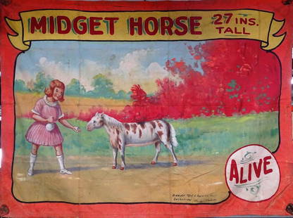 MIDGET HORSE SIDESHOW BANNER: JOHNSON, FRED. WONDERFUL VINTAGE JOHNSON BANNER. HAND-PAINTED ON CANVAS. FOUR IRON HOOKS. A COUPLE OF TEARS AT THE TOP THAT HAVE BEEN TAPED ON THE REVERSE. OVERALL IN GREAT CONDITION FOR AGE. 7'9"X5'8