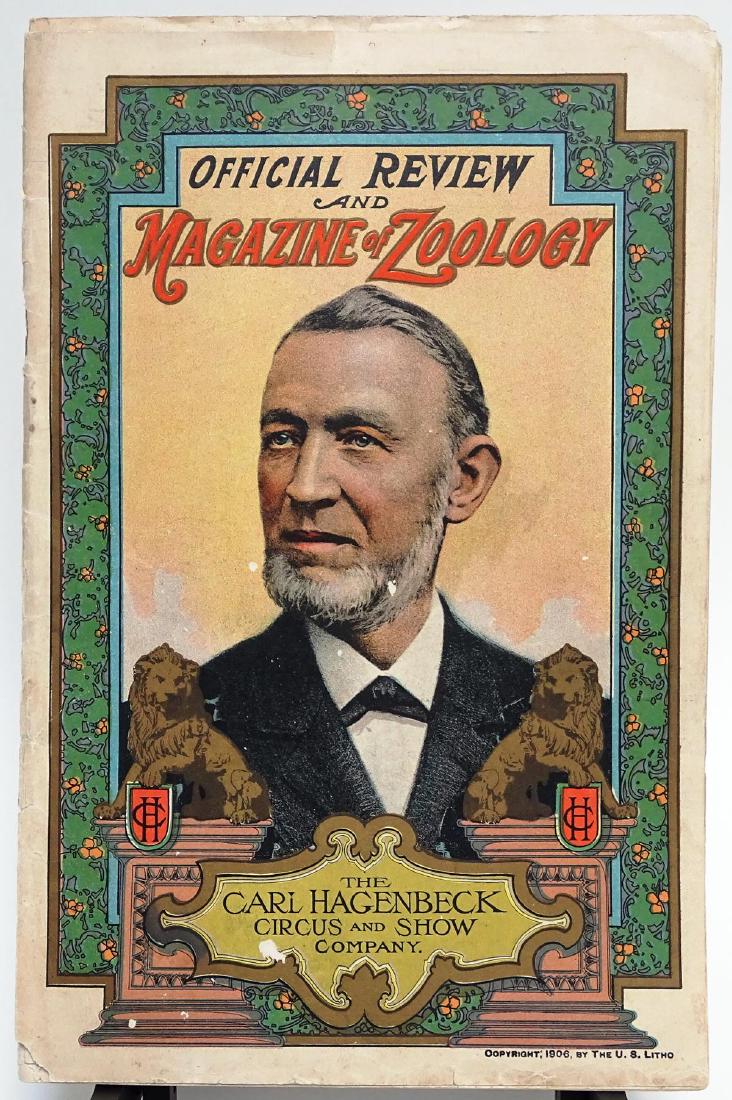 1908 CARL HAGENBECK CIRCUS & SHOW COMPANY: OFFICIAL REVIEW AND MAGAZINE OF ZOOLOGY. STAPLES MISSING FROM BINDING. OVERALL GOOD CONDITION.