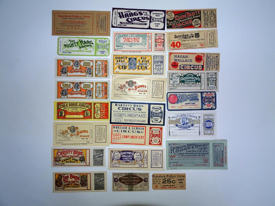 ANTIQUE CIRCUS TICKET COLLECTION: FOREPAUGH-SELLS, LEE, CHRISTY, HAGENBECK-WALLACE, RBBB, HAAG, COLE, BARNES, CLARK, ROBINSON'S, HAGAN-WALLACE, BEATTY, DAILEY, BARNETT, WHEELER & ALMOND,