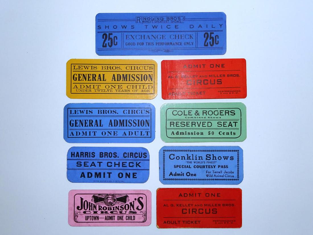 COLLECTION OF CIRCUS TICKETS: LEWIS, KELLY-MILLER, CONKLIN, ROBINSON'S, HARRIS, COLE-ROGERS, RBBB