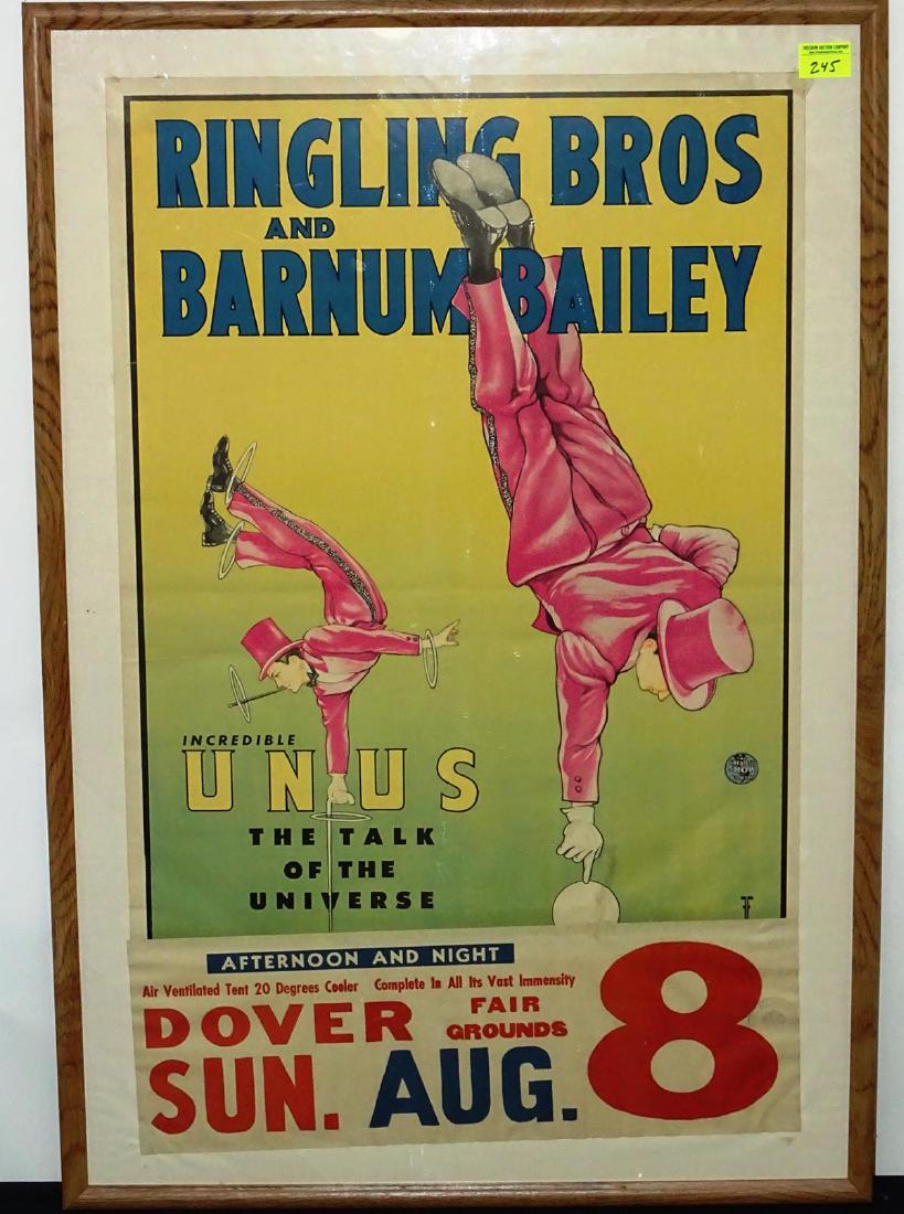 RBBB LITHOGRAPH POSTER, 1948: FEATURING UNUS, TALK OF THE UNIVERSE. WITH DATE TAG FOR DOVER SHOW AUGUST 8TH. HALF SHEET, NICELY FRAMED. 25"X37" OVERALL