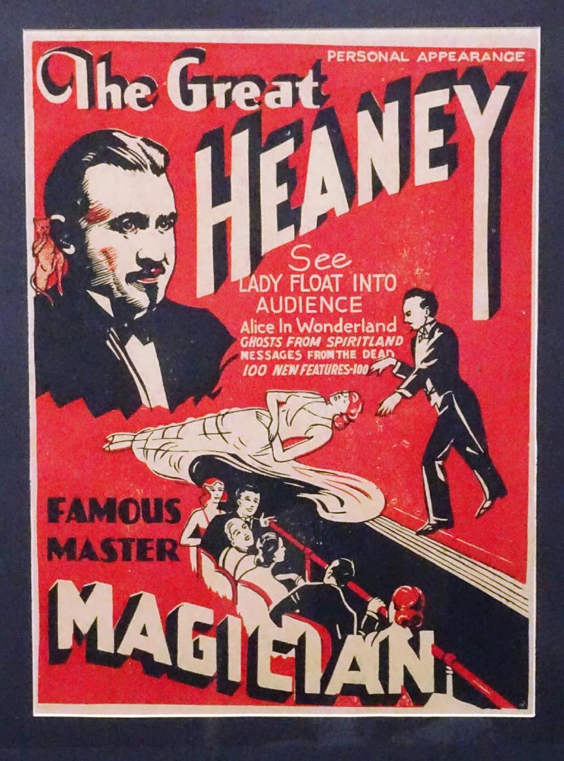 THE GREAT HEANEY MAGICIAN WINDOW CARD: GERALD HEANEY (1899-1974). DEPICTION OF THE GREAT MASTER MAGICIAN DEMONSTRATING A FLOATING LADY, ALICE IN WONDERLAND, GHOSTS FROM SPIRITLAND, MESSAGES FROM THE DEAD, 100 NEW FEATURES. PROFESSIONALLY F