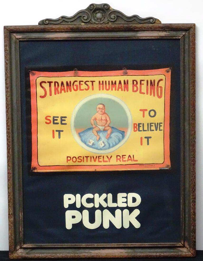 "PICKLED PUNK" FRAMED POSTER: DEPICTION OF SIDESHOW BANNER BY FRED JOHNSON. 18"X22"