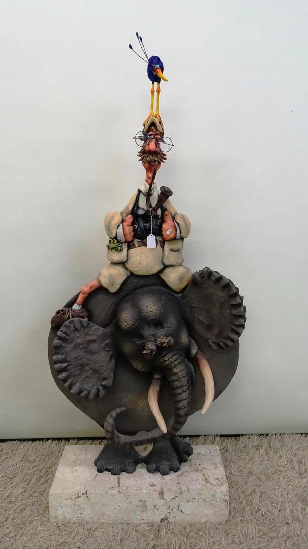 TODD WARNER SCULPTURE: "DR. LIVINGSTON I PRESUME". RESIN AND HAND PAINTED. ONE OF A KIND WORK BY WARNER. 59"H