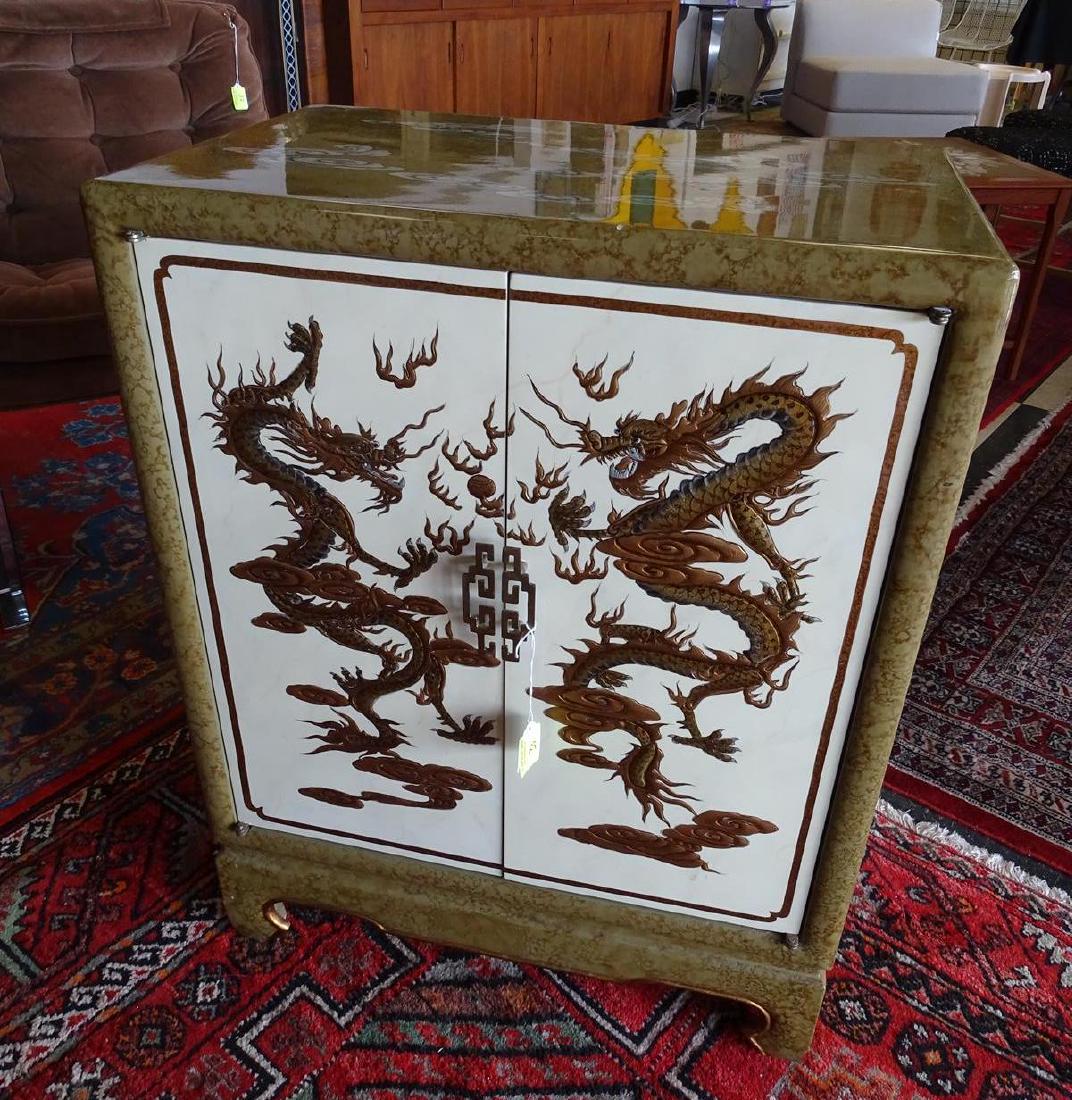 CONTEMPORARY CHINOISERIE CABINET: WITH DRAGON MOTIF. 23"W, 14"D, 30"H