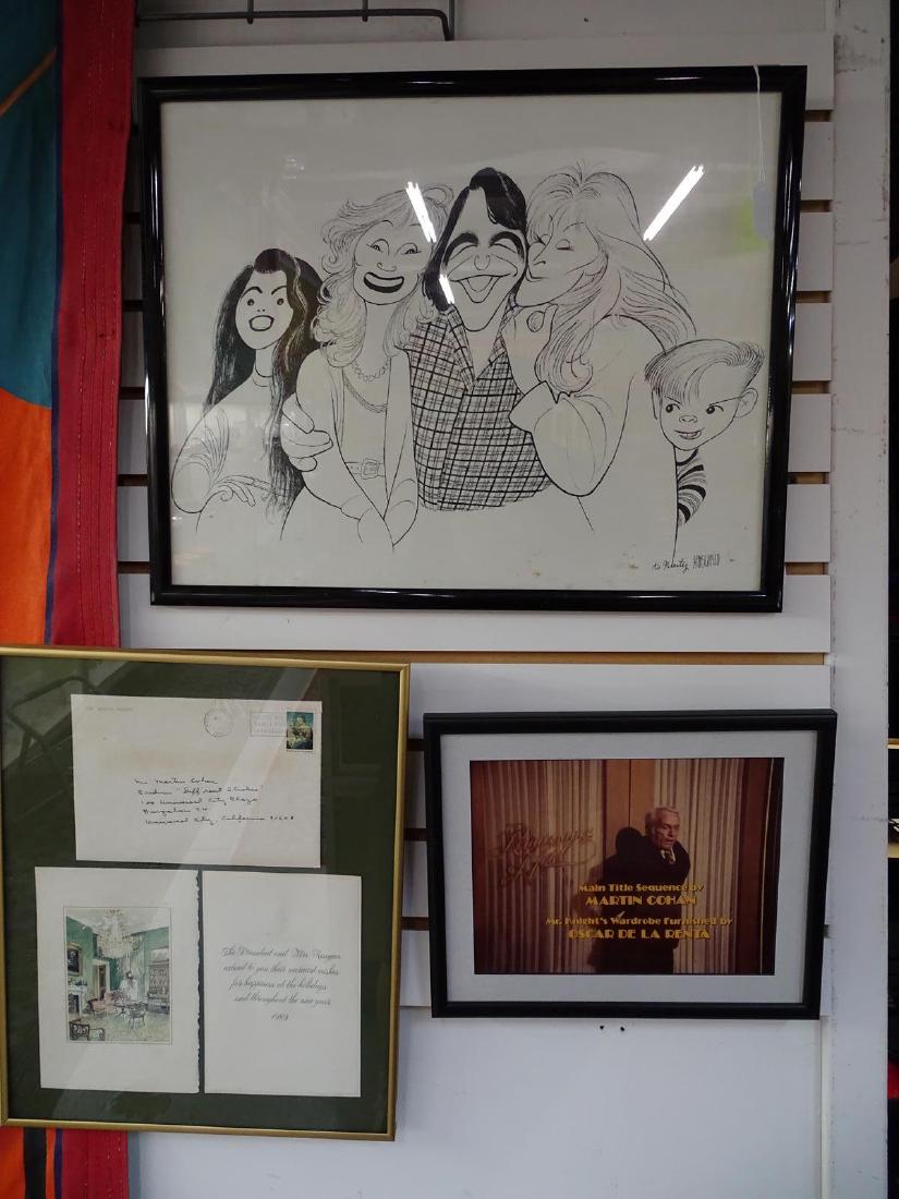AL HIRSCHFELD CARICATURE LITHOGRAPH: "WHO'S THE BOSS" CHARACTERS. HAND-SIGNED TO MARTY (A.K.A. MARTIN COHEN, PRODUCER OF THE SHOW). INCLUDED IS WHITE HOUSE CHRISTMAS CARD FROM PRESIDENT REAGAN, 1983. TED KNIGHT (DIFFERENT STROKES) GLOSSY