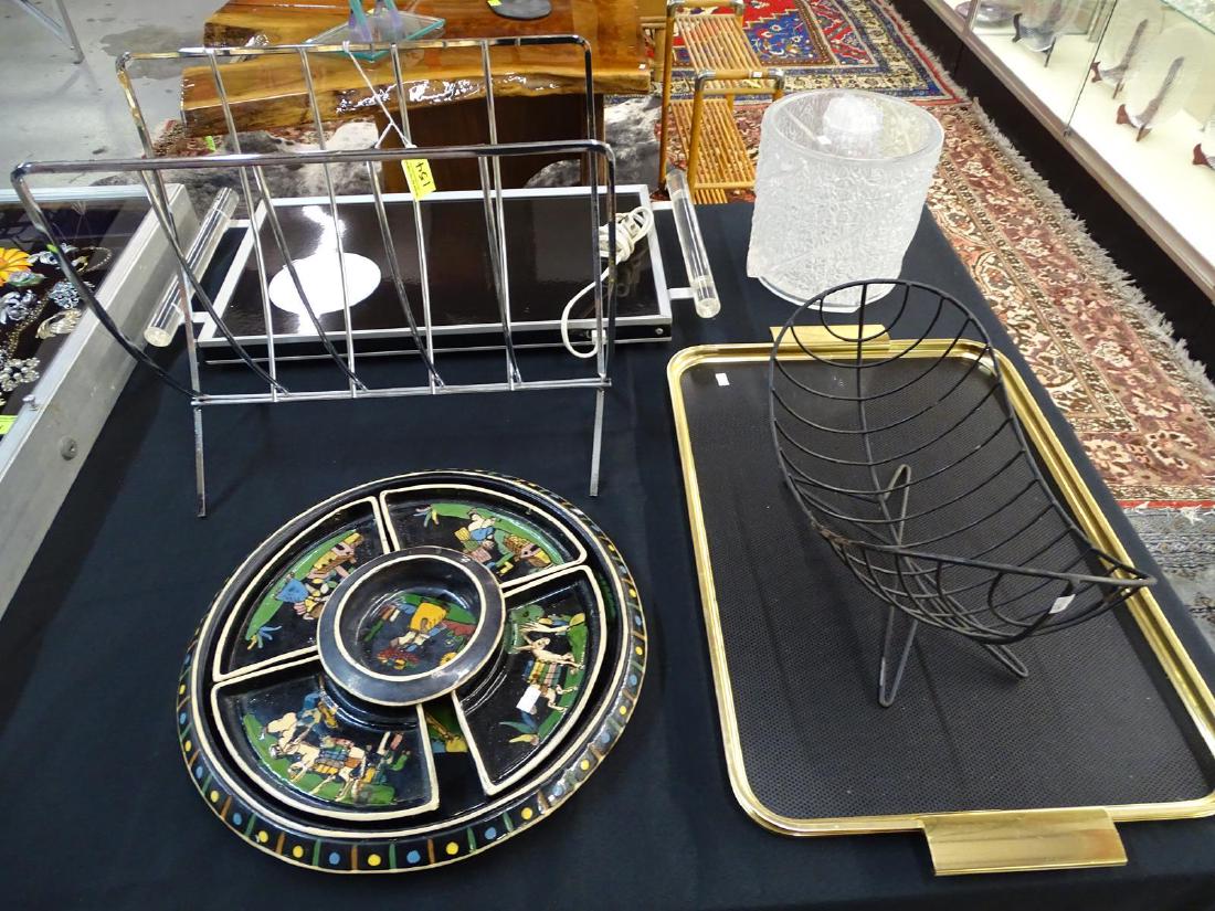 GROUPING OF SERVING ITEMS: INCLUDING MEXICAN SERVING TRAY, WOODMET TRAY, MORGAN WARMING TRAY, ACRYLIC ICE BUCKET, WIRE FRUIT BASKET, FOLDING CHROME STAND.
