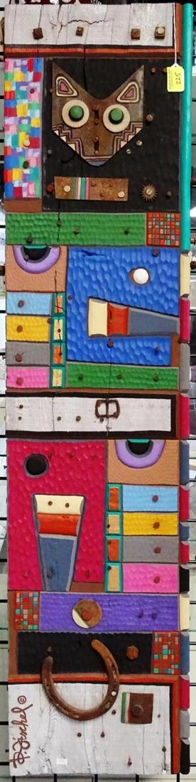 DAVID FISCHEL MIXED-MEDIA ART PIECE: HAND-PAINTED WOOD WITH IRON ACCENTS. 12.5"X52"