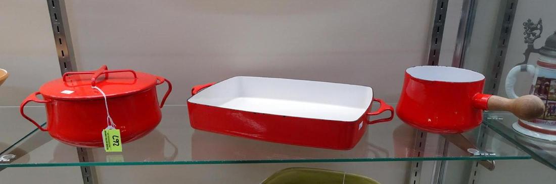 3 DANSK RED ENAMEL COOK WARES: LOW BAKER, 2 QUART COVERED CASSEROL, SAUCEPAN