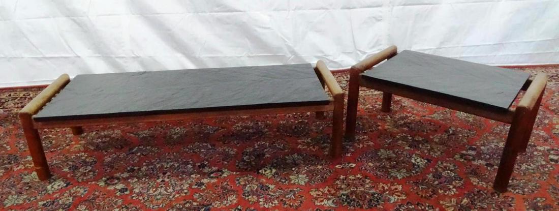 ADRIAN PEARSALL (ATTR.) TABLES: COFFEE AND END TABLES, TEAK FRAMED WITH SLATE TOPS