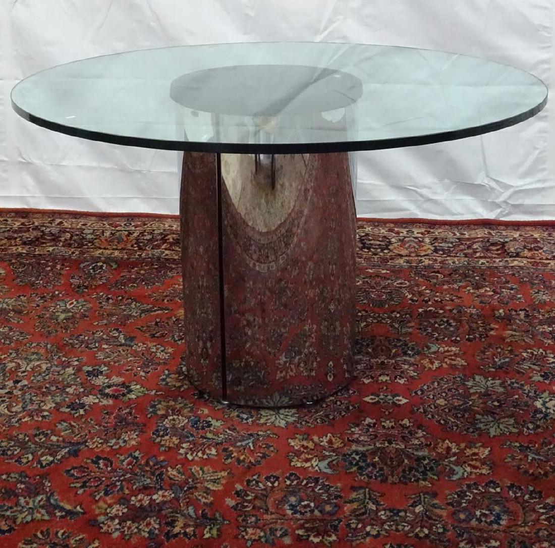 BRUETON (ATTR.) STAINLESS DRUM BASE DINING TABLE: 48"DIA., 28"H