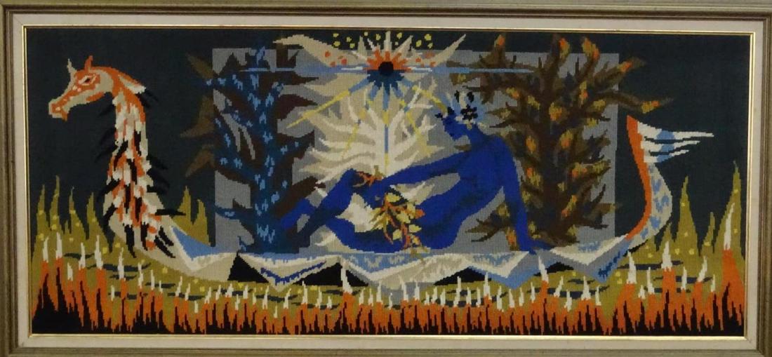 SCANDINAVIAN NEEDLEPOINT ART: DEPICTING GODDESS AND DREKAR. 24"X41"
