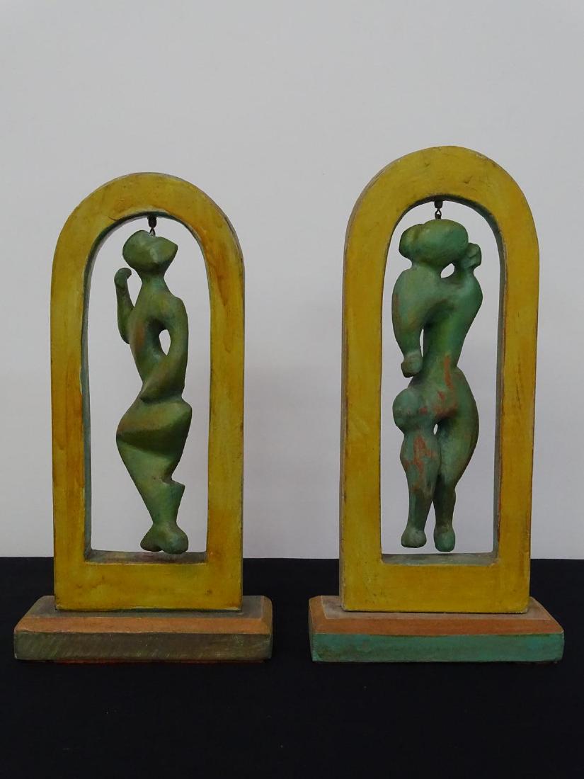 PAIR ROBERT LOHMAN ABSTRACT FIGURAL SCULPTURES: LOHMAN (1919-2001), CRANBROOK ART PROFESSOR, HAND CARVED AND STAINED WOOD. 9.5"H