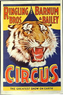 RINGLING BROTHERS AND BARNUM & BAILEY POSTER: ORIGINAL ERIE LITHO, 1938, FEATURING TIGER. ONE SHEET (27"X41"). FOLDS, REMNANTS OF DATE TAG, LIGHT SOILING.