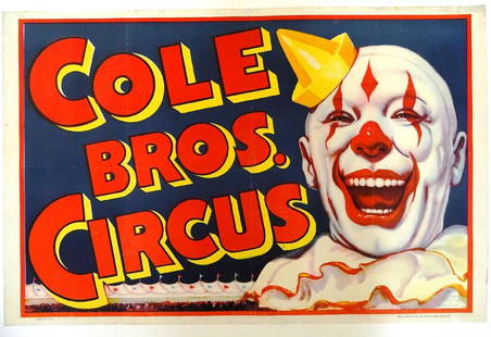 COLE BROS. CIRCUS POSTER: ORIGINAL ERIE LITHO, 1941, FEATURING SMILING CLOWN. ONE SHEET (30"X44" OVERALL). LINEN-BACKED, STAMP IN LR CORNER.