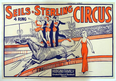 SEILS-STERLING 4-RING CIRCUS POSTER: ORIGINAL CENTRAL SHOW PRINTING, 1938, FEATURING THE HODGINI FAMILY. ONE SHEET (29"X42" OVERALL). LINEN-BACKED, EXCELLENT CONDITION.