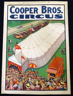 COOPER BROS. CIRCUS POSTER: ORIGINAL DONALDSON LITHO, 1936, FEATURING LOT SCENE. HALF SHEET (20"X28"). TAPE REINFORCEMENT, SOILING IN UPPER MARGIN.