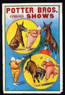 POTTER BROS. COMBINED SHOWS POSTER: ORIGINAL ERIE LITHO, 1920'S, FEATURING CLOWN AND DONKEY. ONE SHEET (27.25"X41.125"). FOLDS, CHIPPING AND MINOR BORDER LOSS, TEARS AND TAPE REPAIRS.