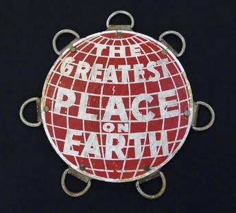 RINGLING BROTHERS & BARNUM & BAILEY ELEPHANT HEADPIECE: RARE TO FIND ORIGINAL 1970'S RBBB - CIRCUS WORLD THEME PARK ELEPHANT HEAD DRESS MEDALLION. ORIGINAL RED SHOW OVERPAINT "THE GREATEST PLACE ON EARTH" FOR THE SPECIAL CIRCUS WORLD PROMOTION. 