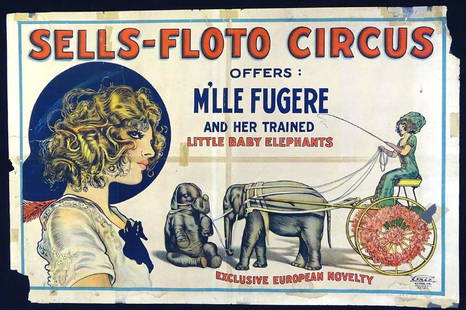 SELLS-FLOTO CIRCUS POSTER: ORIGINAL ERIE LITHO, 1925, FEATURING M'LL FUGERE & HER TRAINED LITTLE ELEPHANTS. ONE SHEET (27"X41"). FOLDS, TAPE REPAIRS, SOME LOSS, SOILING.