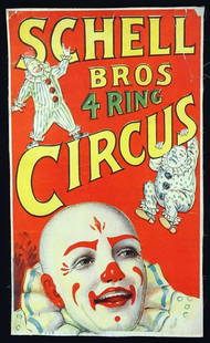 SCHELL BROS. 4-RING CIRCUS POSTER: ORIGINAL LITHOGRAPH POSTER, 1935. QUARTER SHEET (12.5"X21.25"). OLDER LINEN BACKING, WRINKLES AND TEARS.