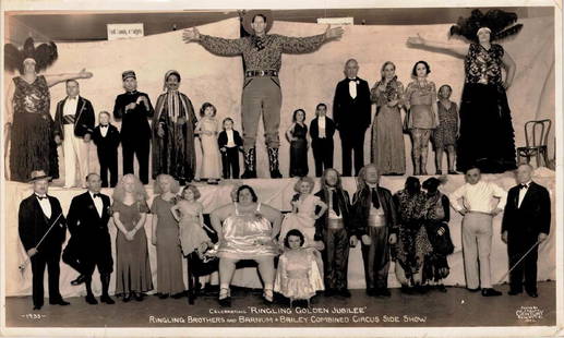 EDWARD J. KELTY (AMERICAN, 1888-1967) PHOTOGRAPH: LARGE FORMAT, ORIGINAL KELTY PHOTOGRAPH, RARE TO FIND, DEPICTING RINGLING BROS. AND BARNUM & BAILEY CIRCUS SIDESHOW, GOLDEN JUBILEE, 1933. STARS INCLUDE DOLL FAMILY, JACK EARLE, MAJOR MITE, MISS MAE,