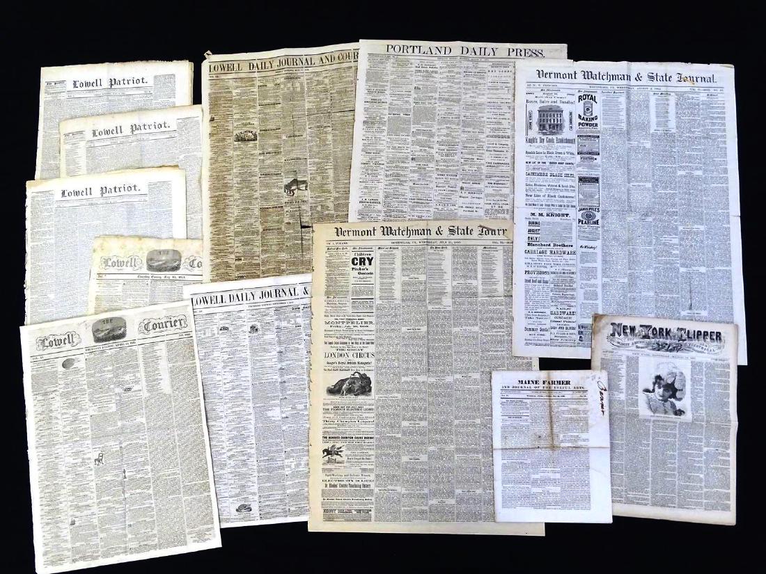 GROUPING OF 19TH C. PUBLICATIONS, CIRCUS ADS: LOT OF 12 NEWSPAPEWRS AS EARLY AS 1835 UP TO 1885. HIGHLIGHTS INCLUDE BABY ELEPHANT (1880), BARNUM AD WITH NO MENTION OF CIRCUS (1882) AND 1885 CIRCUS TRADE PAPER.