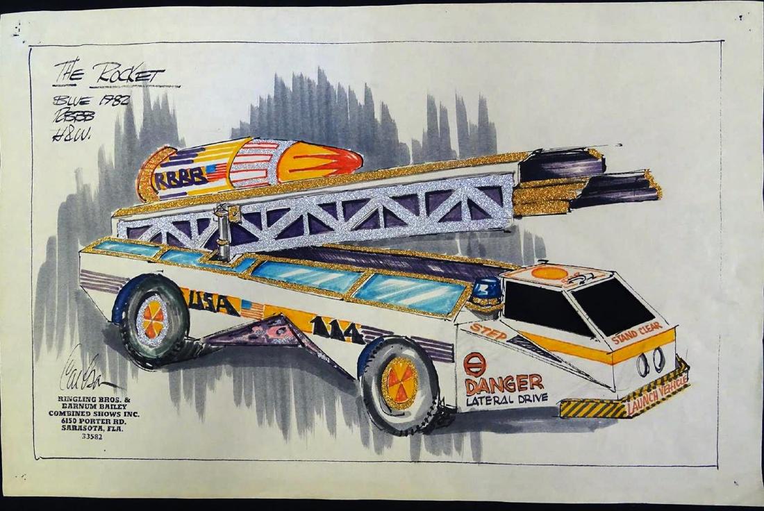 RBBB BLUE UNIT "THE ROCKET" CONCEPTUAL SKETCH: 1982 DRAWING DEPICTING THE ROCKET FOR THE BLUE SHOW. 11"X17"