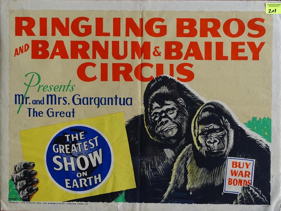 RINGLING BROS. AND BARNUM & BAILEY POSTER: 1943 BILL BAILEY DESIGN FEATURING MR. AND MRS. GARGANTUA, BUY WAR BONDS. HALF SHEET (21"X28") LIGHT FOLDS.