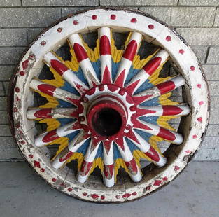 R.B.B.B. (ATTR.) SUNBURST WAGON WHEEL: FROM THE RINGLING WINTER QUARTERS, CIRCUS WORLD COLLECTION. WEAR CONSISTENT WITH AGE AND USE. 42"