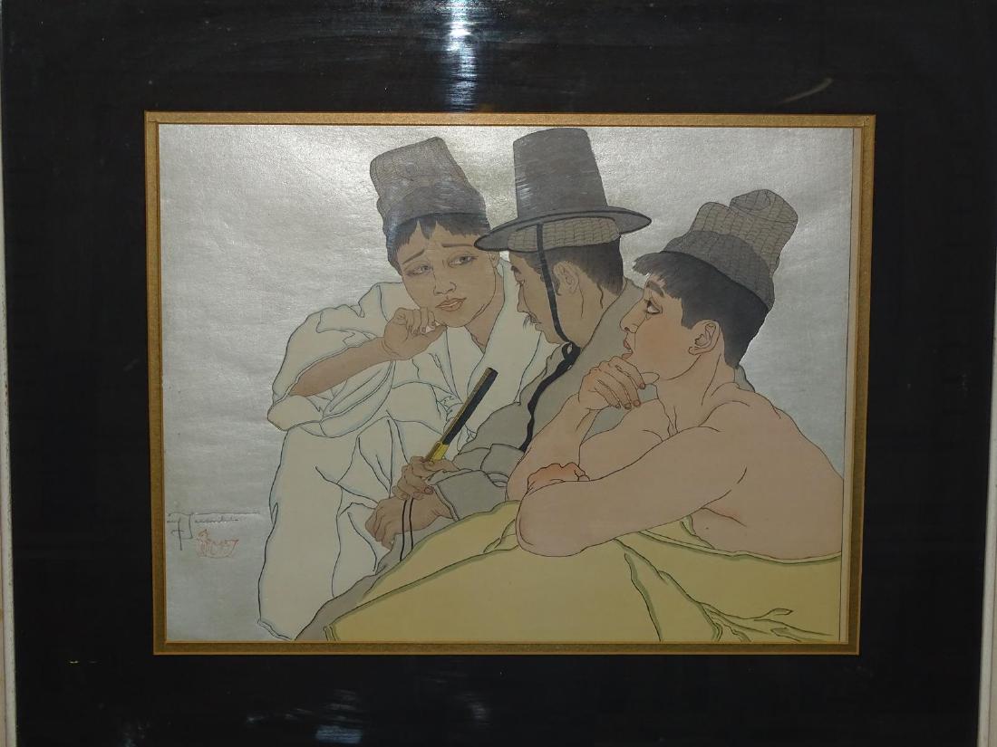PAUL JACOULET WOODBLOCK PRINT: THREE KOREANS". 24.5"X20.5